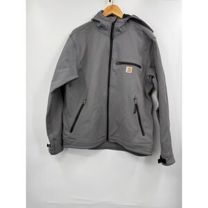 Carhartt Mens Soft Shell Hooded Jacket Gray Water Resistant Zip Sz M Up Pockets